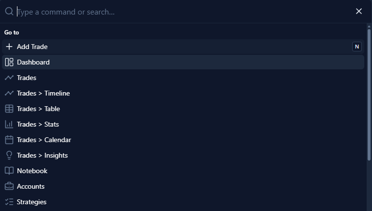 The new command menu in Trading Vault v2.0 opened with CTRL + K
