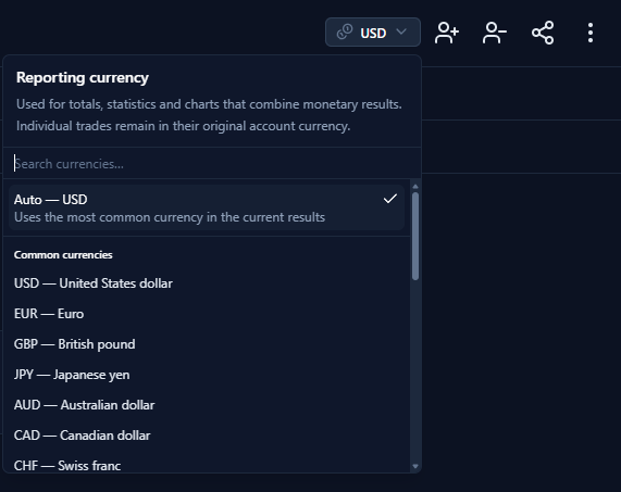 The Trading Vault reporting currency selector, open, showing the Auto option and the list of available currencies