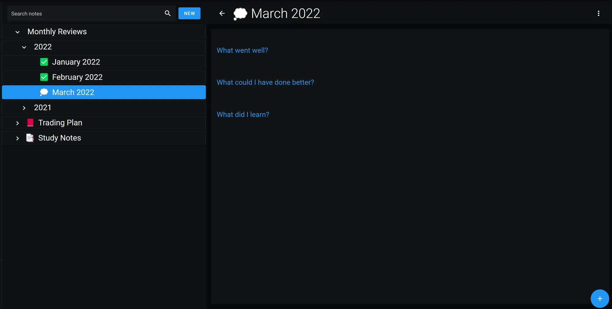 Trading notebook with monthly performance reviews, trading plan and study notes for traders to improve their strategy.
