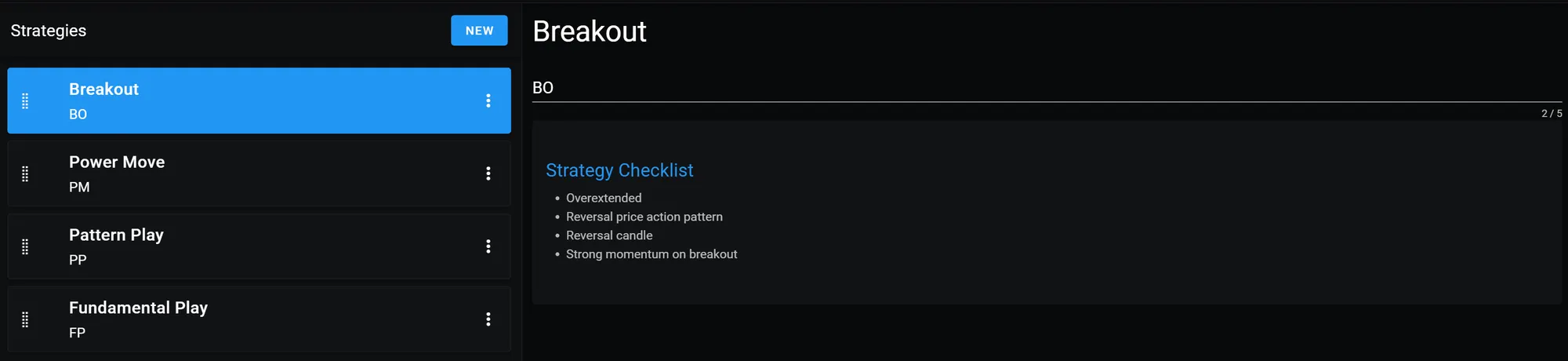A screenshot of a strategies manager, a feature that allows you to add and customize your trading strategies.
