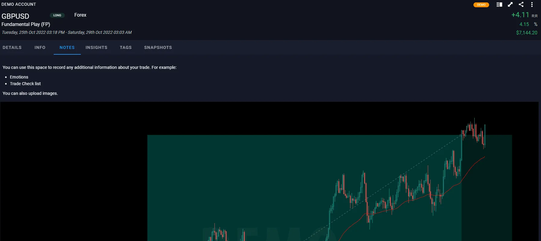 Record trade notes tab, add additional information to your trade, such as market conditions and analysis.