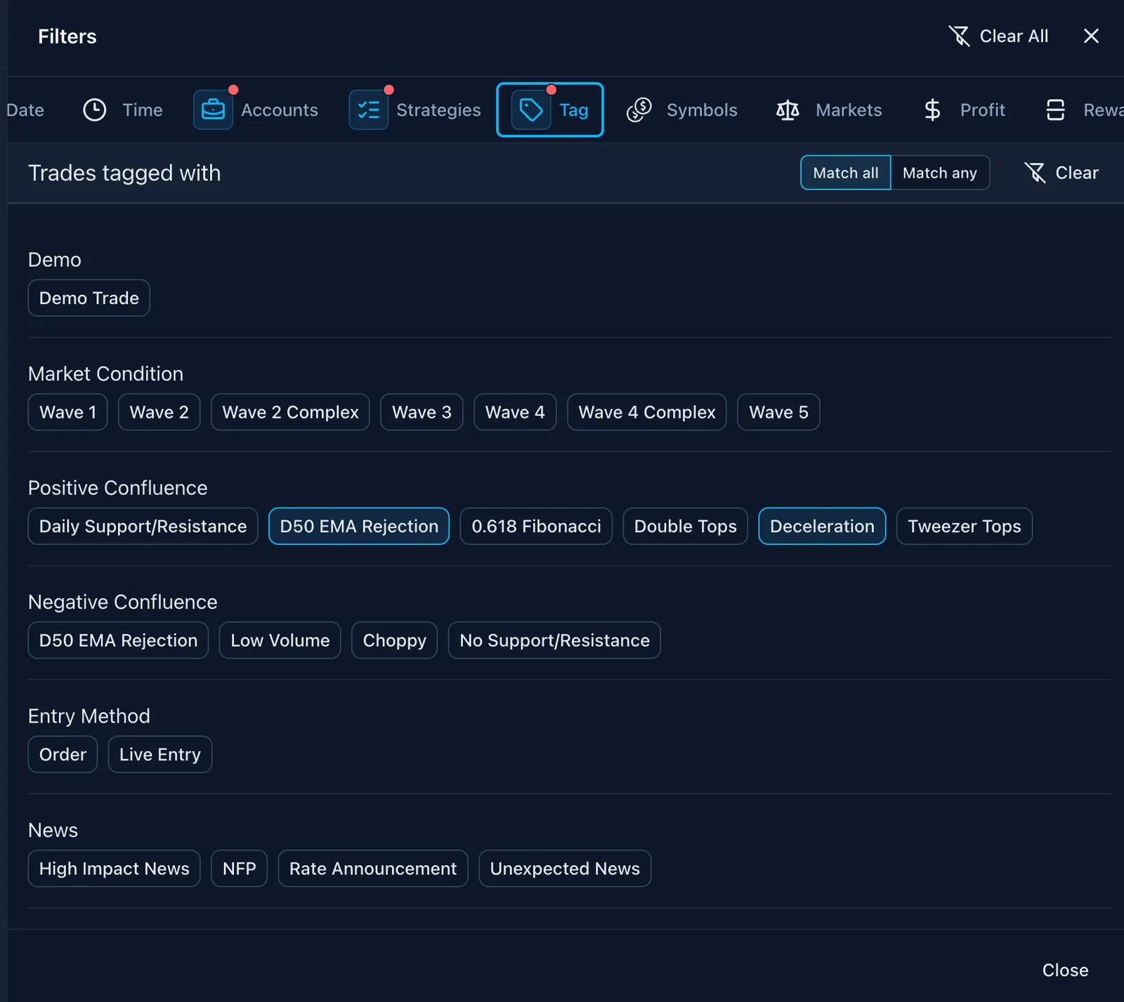 Screenshot of an online trading journal app named 'Trading Vault' showing advanced filtering options.