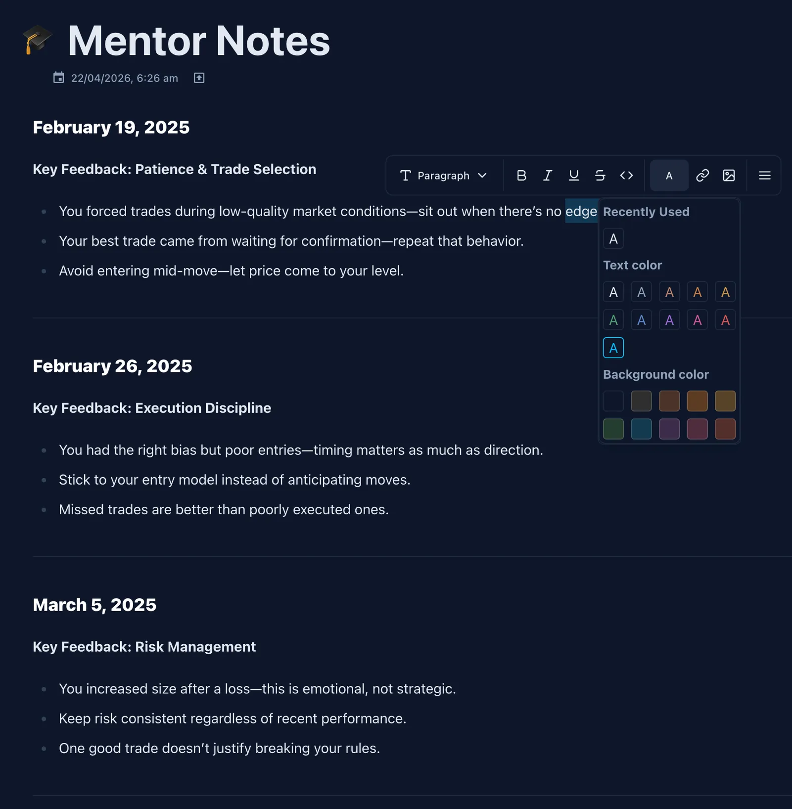 Screenshot of an online trading journal app named 'Trading Vault' showing a list of notes and ideas using the notebook feature.