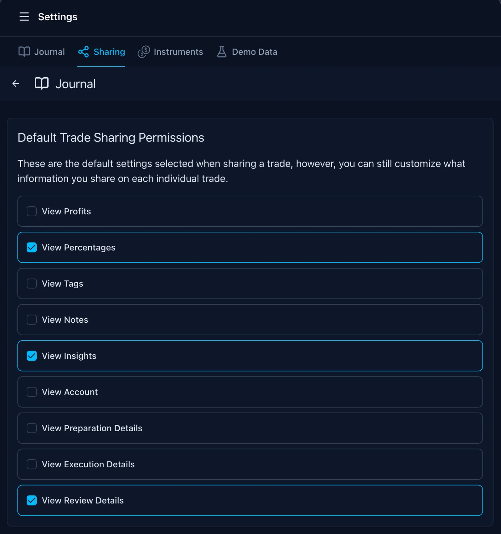 Screenshot of an online trading journal app named 'Trading Vault' showing the default sharing permissions setting.