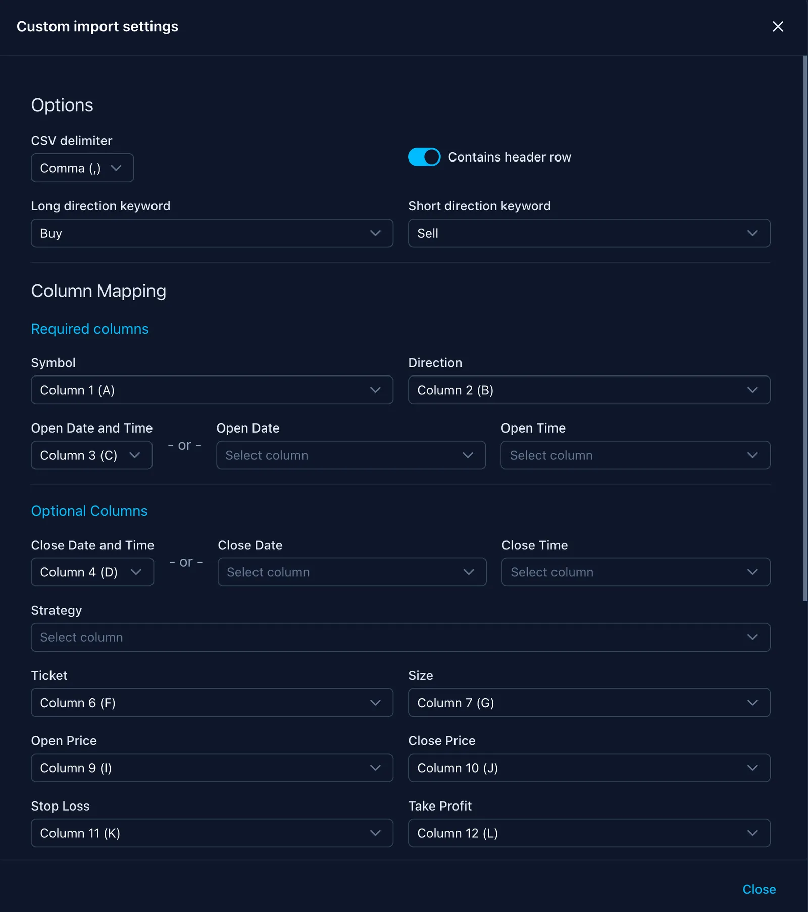 Screenshot of an online trading journal app named 'Trading Vault' showing the custom CSV import feature.