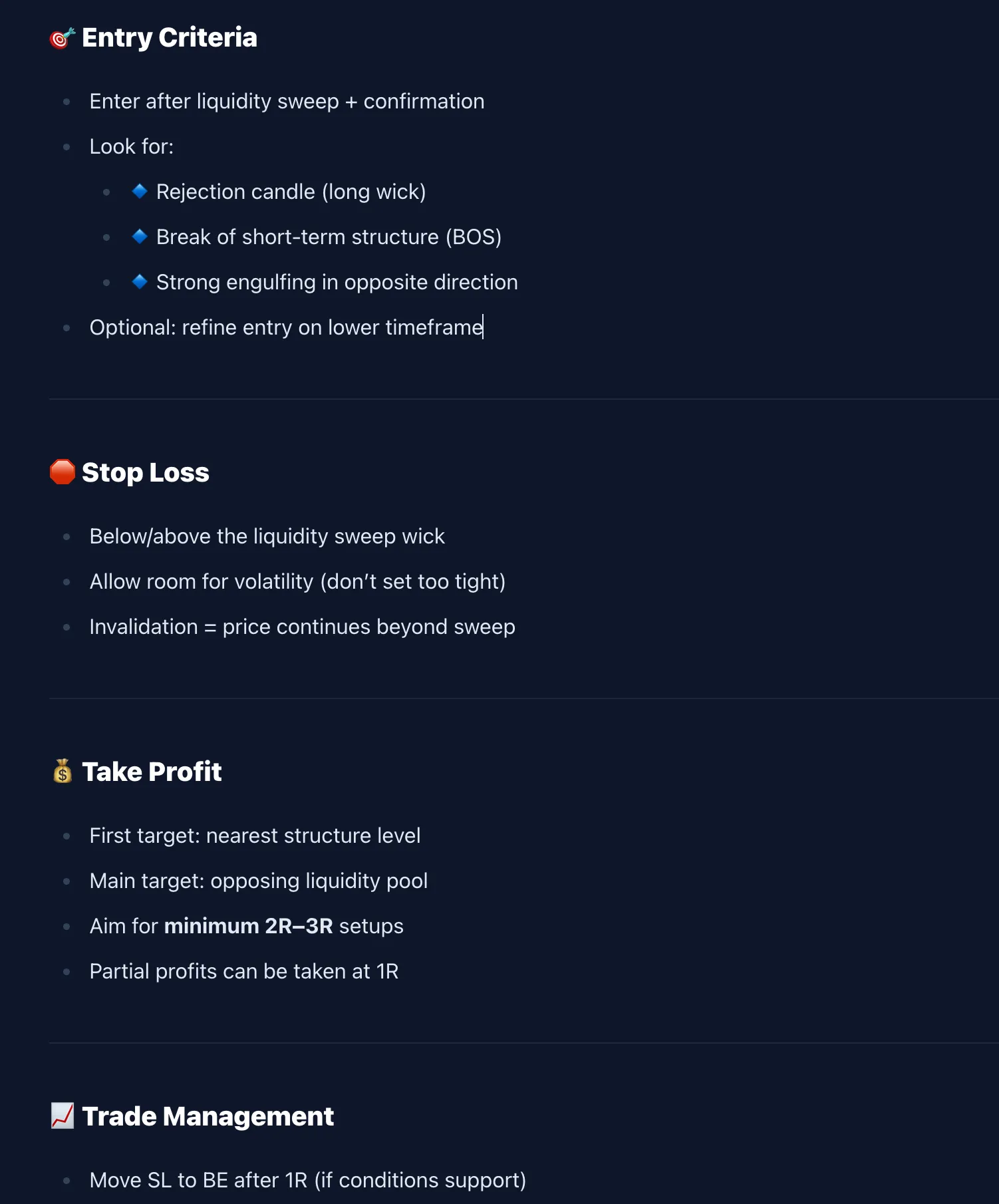 Screenshot of an online trading journal app named 'Trading Vault' showing a detailed strategy.