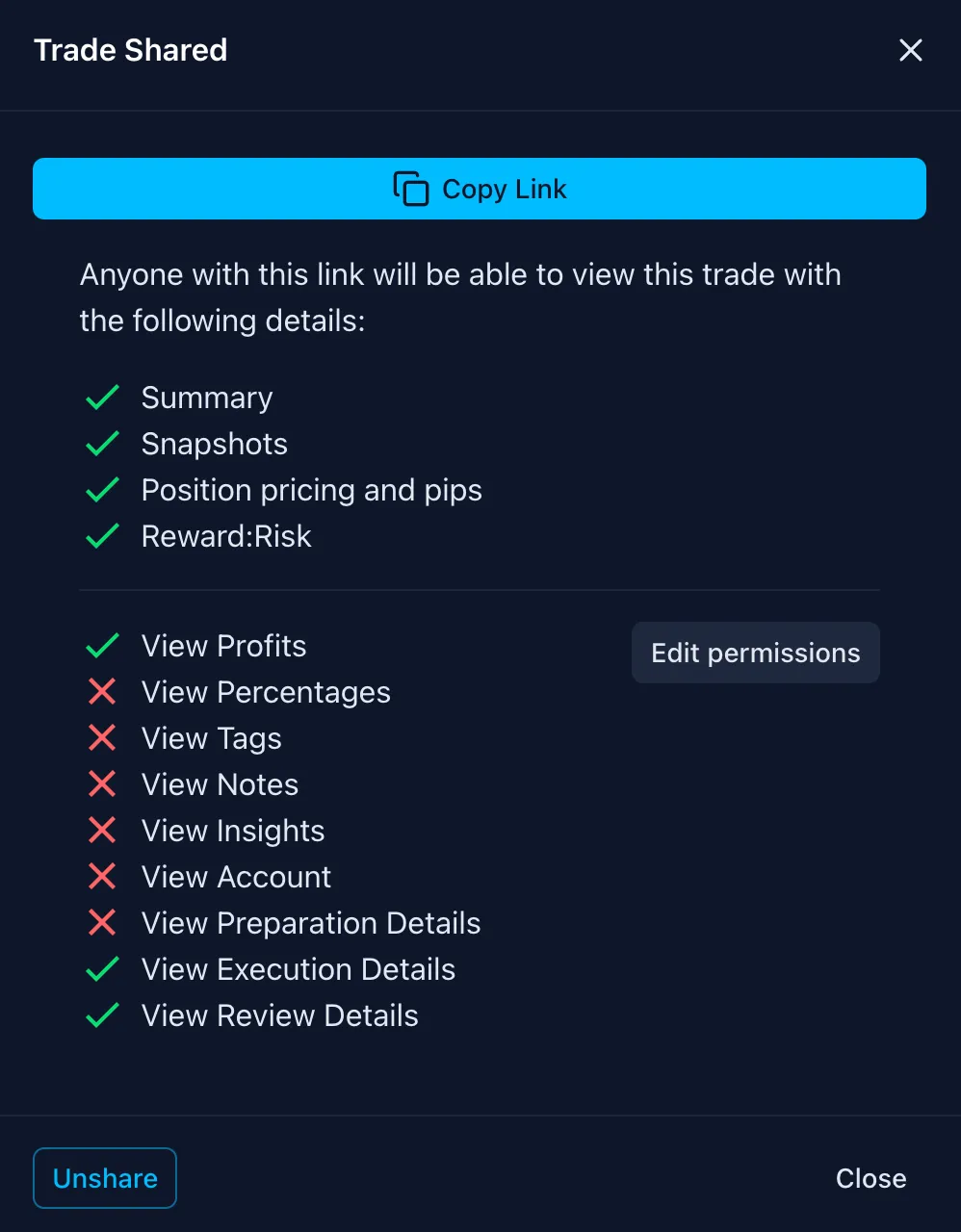 Screenshot of an online trading journal app named 'Trading Vault' showing the 1-click trade sharing feature.