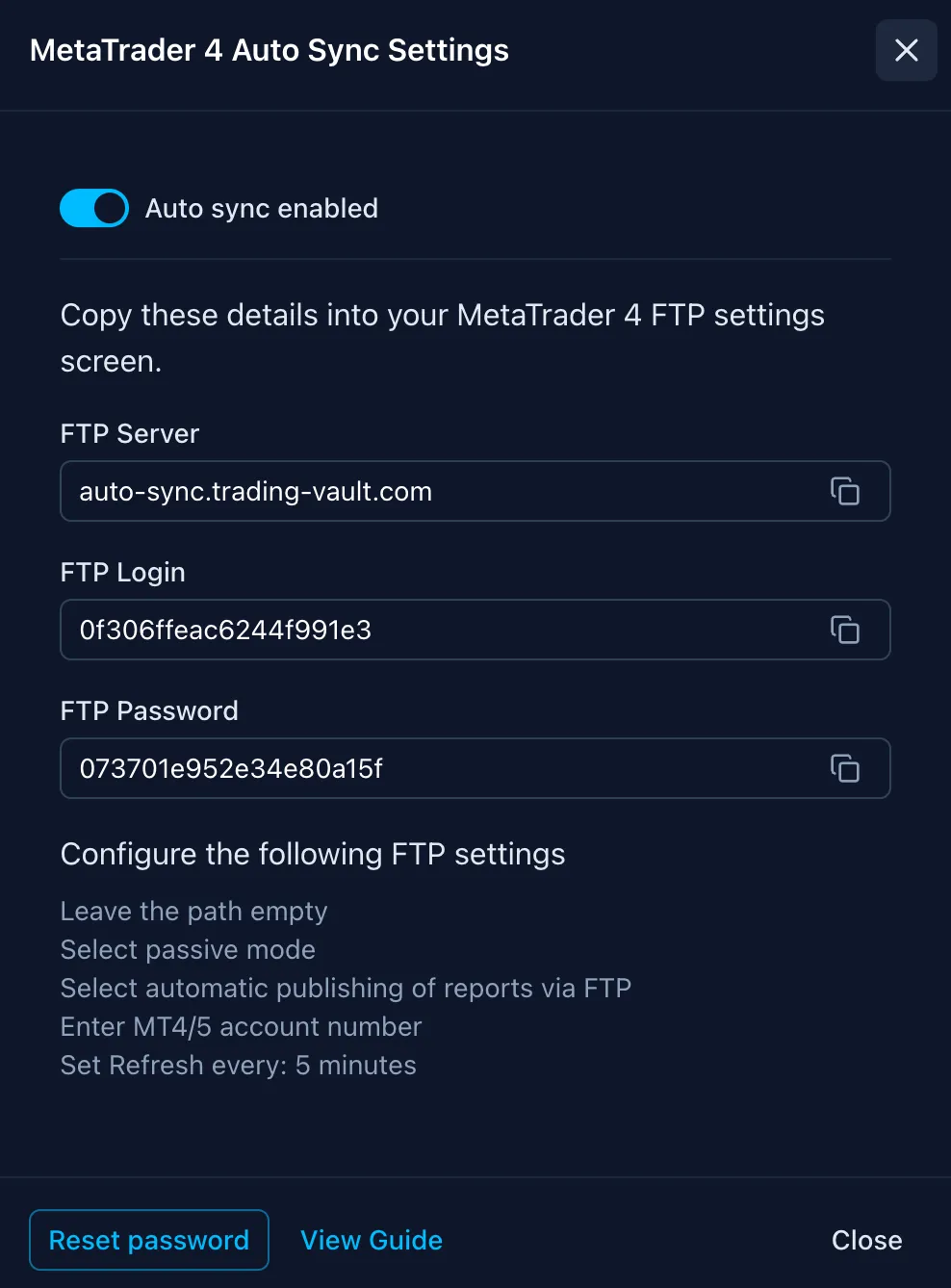 Screenshot of an online trading journal app named 'Trading Vault' showing the MT5 broker sync feature.
