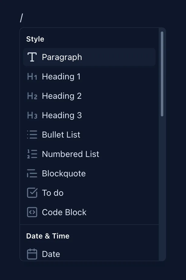 Screenshot of an online trading journal app named 'Trading Vault' showing slash commands being used inside the notebook feature.