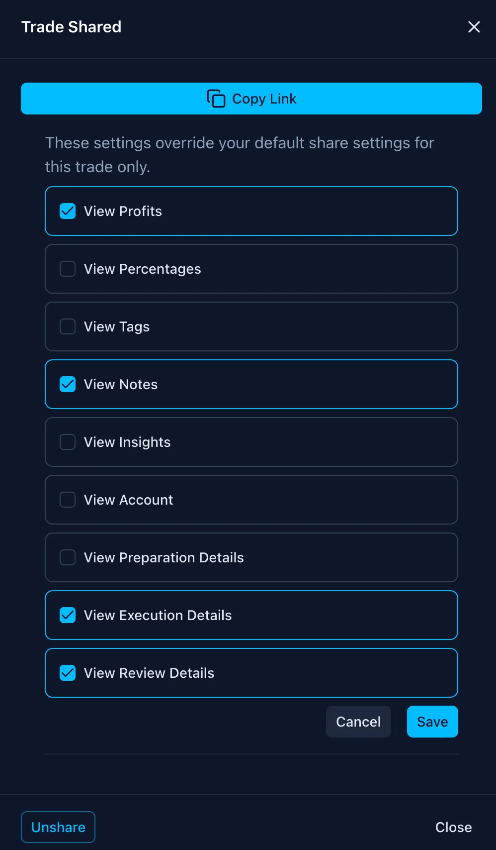Screenshot of an online trading journal app named 'Trading Vault' showing the sharing permissions settings.