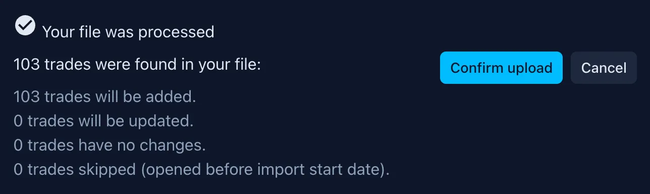 Screenshot of an online trading journal app named 'Trading Vault' showing the file upload feature.