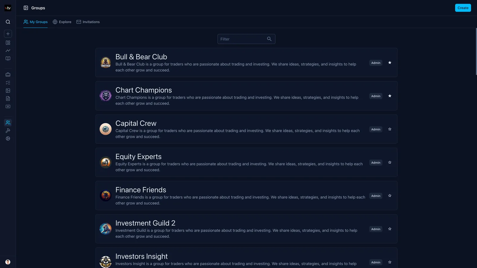 Screenshot of an online trading journal app named 'Trading Vault' showing the trading groups feature.