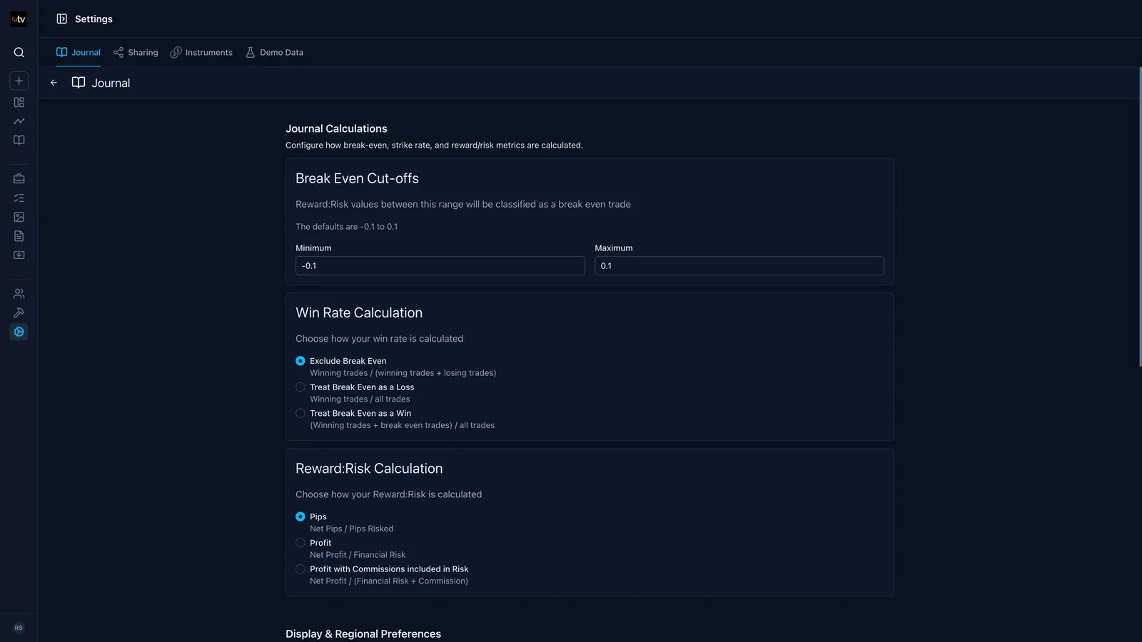 Screenshot of an online trading journal app named 'Trading Vault' showing the settings feature.