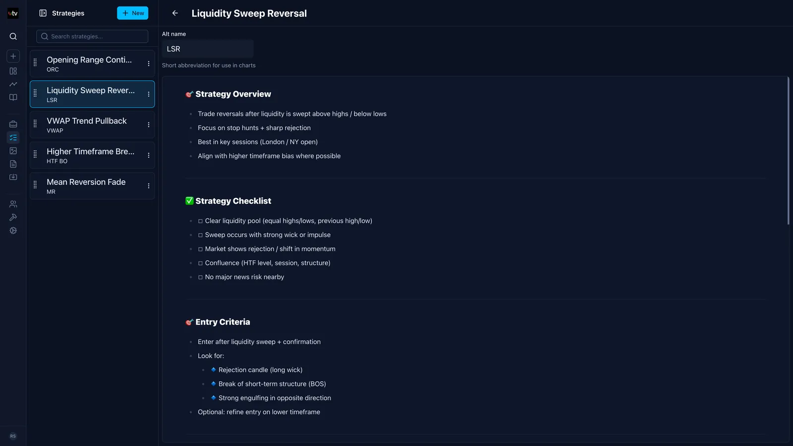Screenshot of an online trading journal app named 'Trading Vault' showing the strategies page.