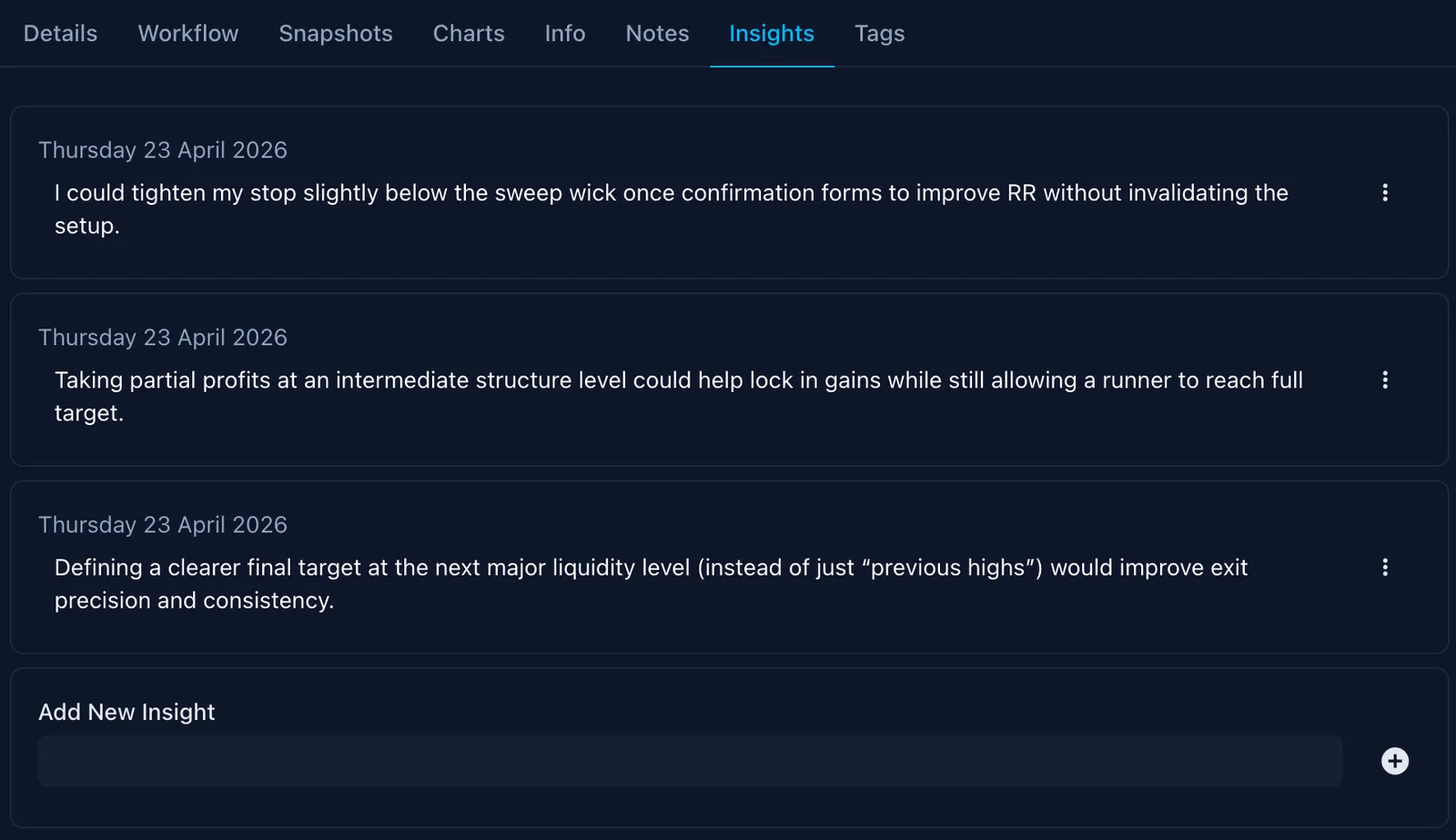 Screenshot of an online trading journal app named 'Trading Vault' showing insights for a trade.