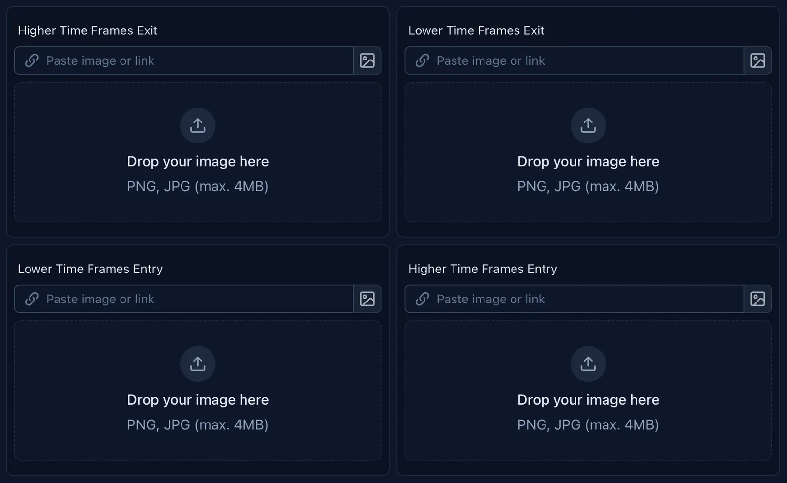 Screenshot of an online trading journal app named 'Trading Vault' showing predefined slots for snapshots.