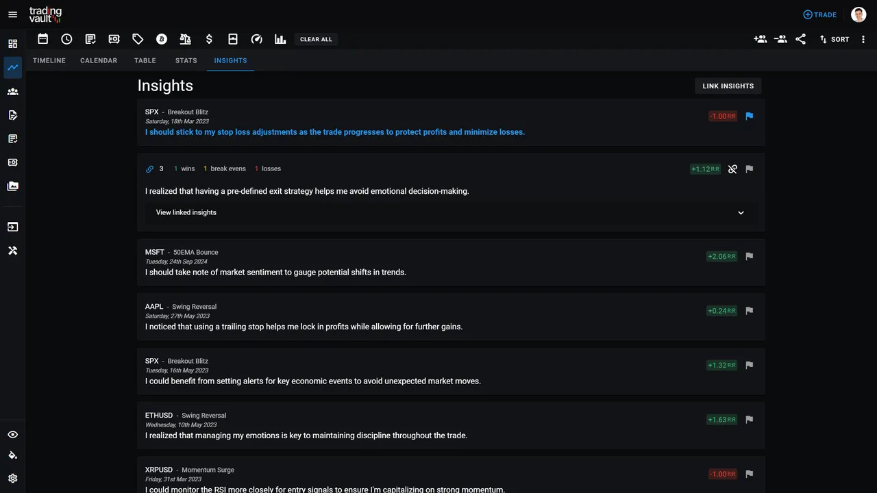 A screenshot of the Trading Vault app's 'Insights' feature, showcasing a list of recorded trading insights organized by individual trades. Each entry highlights the trade symbol, strategy, date, and a key lesson or reflection. The interface includes metrics such as Risk-to-Reward (RR) ratios, flags for important insights, and linked details to provide deeper analysis. The feature emphasizes reviewing emotional triggers and actions to improve trading discipline and decision-making.