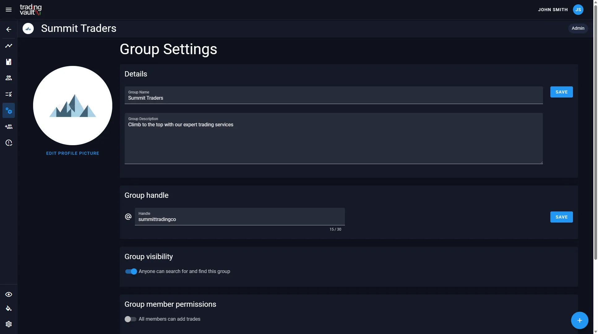 Trading Vaults Group Settings screen where you can update your group name, description, handle and other group settings