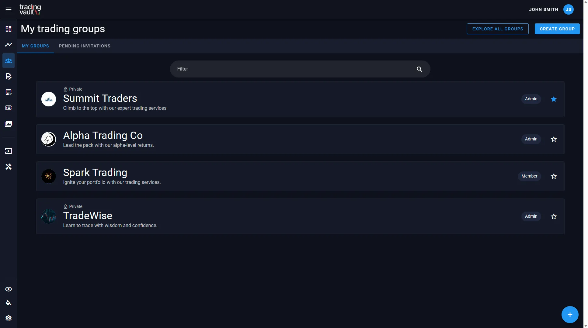 Trading Vault's My Trading Groups screen where you can select which trade group you wish to open.
