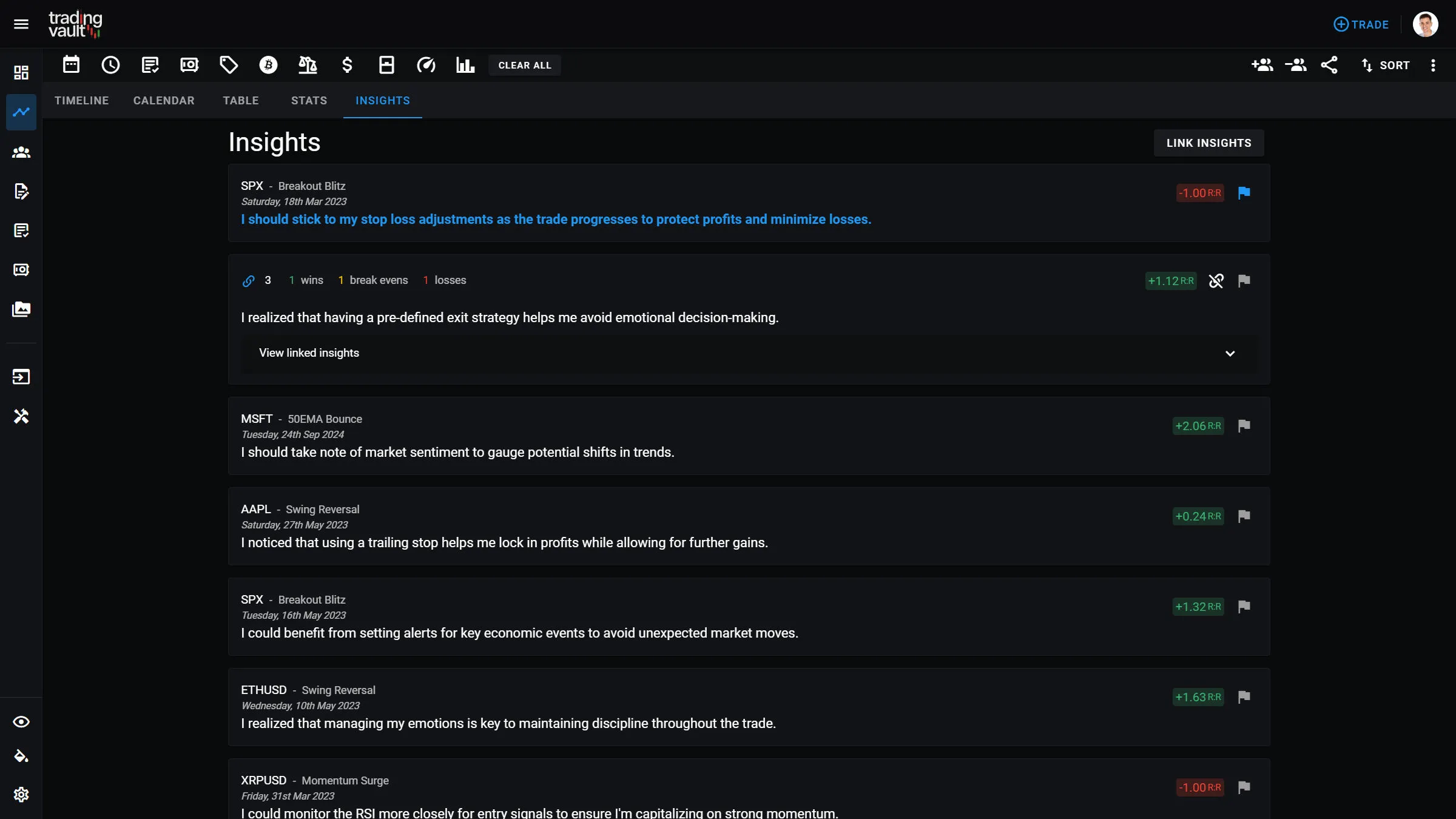 A screenshot of the Trading Vault app's 'Insights' feature, showcasing a list of recorded trading insights organized by individual trades. Each entry highlights the trade symbol, strategy, date, and a key lesson or reflection. The interface includes metrics such as Risk-to-Reward (RR) ratios, flags for important insights, and linked details to provide deeper analysis. The feature emphasizes reviewing emotional triggers and actions to improve trading discipline and decision-making.