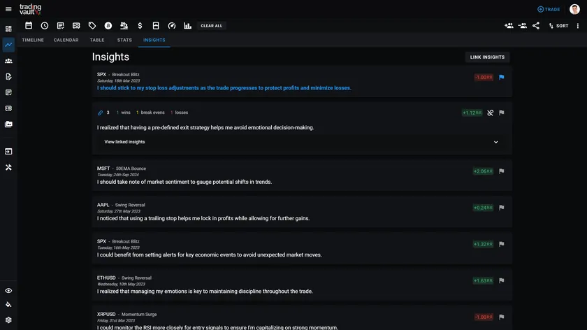 A screenshot of the Trading Vault app's 'Insights' feature, showcasing a list of recorded trading insights organized by individual trades. Each entry highlights the trade symbol, strategy, date, and a key lesson or reflection. The interface includes metrics such as Risk-to-Reward (RR) ratios, flags for important insights, and linked details to provide deeper analysis. The feature emphasizes reviewing emotional triggers and actions to improve trading discipline and decision-making.