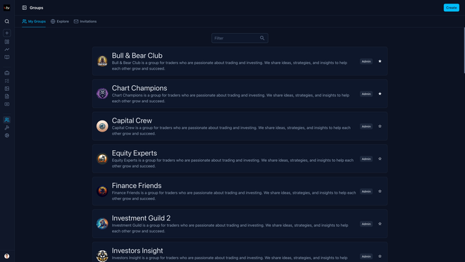 Screenshot of an online trading journal app named 'Trading Vault' showing the trading groups feature.