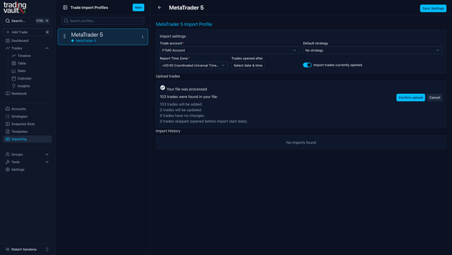 Screenshot of an online trading journal app named 'Trading Vault' showing the trade importing feature.