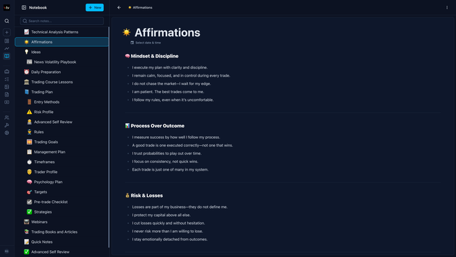 Screenshot of an online trading journal app named 'Trading Vault' showing the notebook feature.