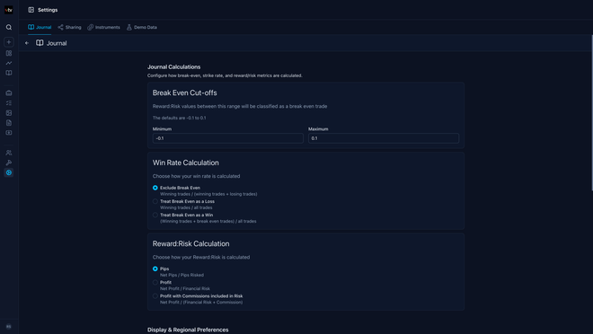 Screenshot of an online trading journal app named 'Trading Vault' showing the settings feature.