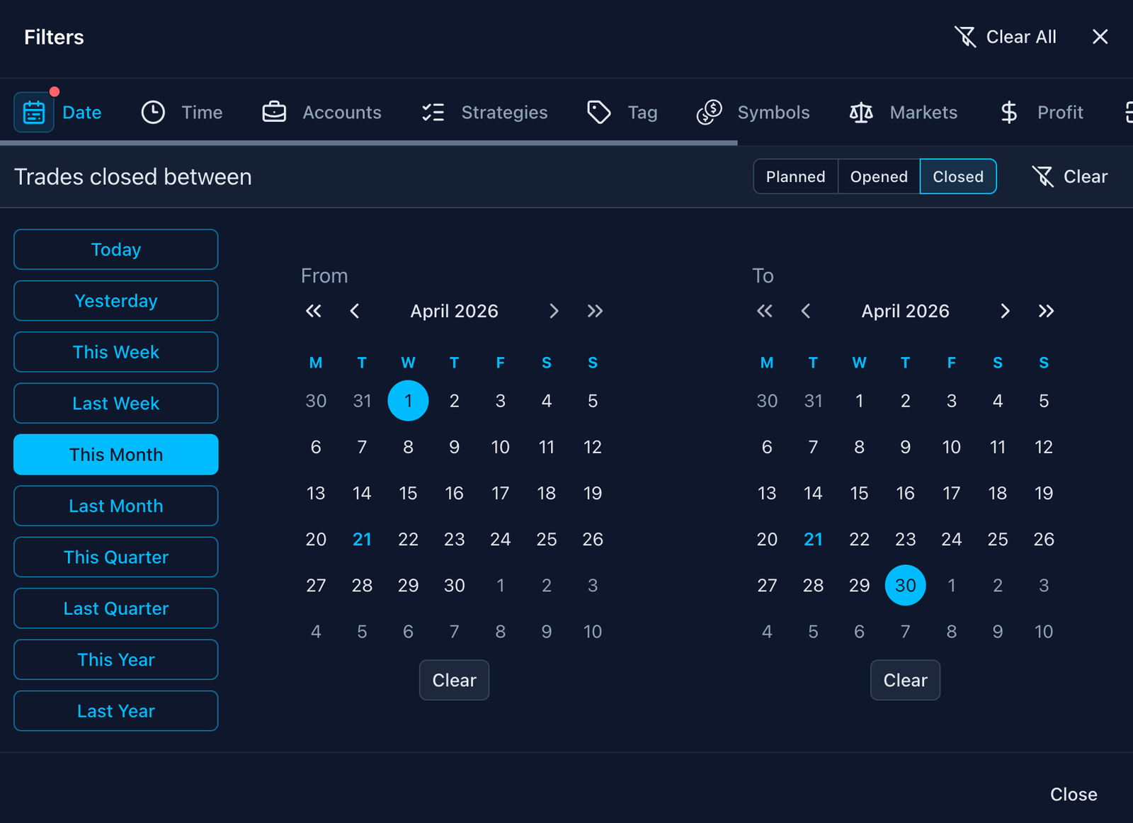 Screenshot of an online trading journal app named 'Trading Vault' showing advanced filtering options.